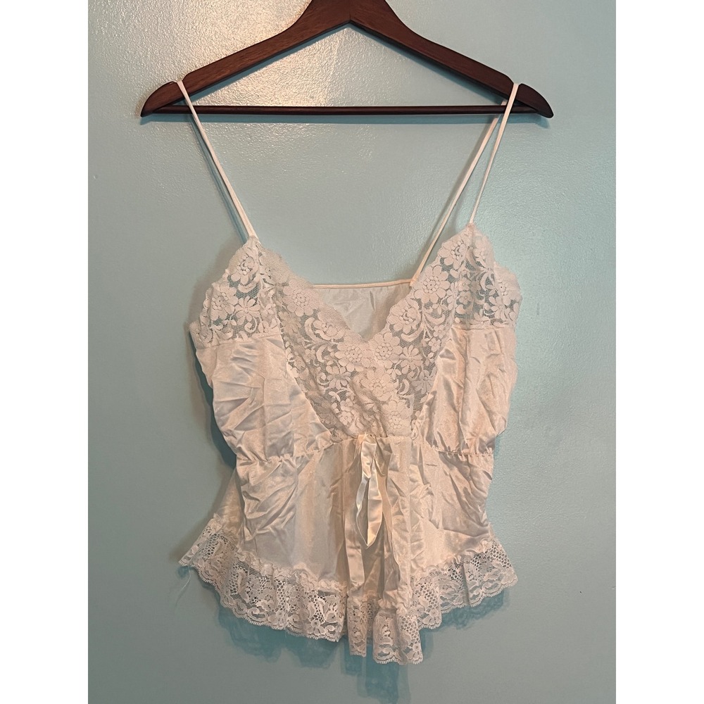 Vintage Ivory Satin Lace Camisole Tiered Ruffle Fairy Cottagecore Tank Top